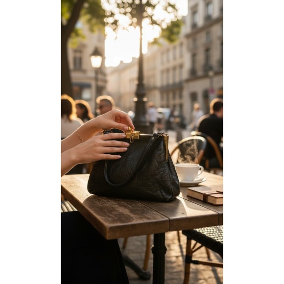Vintage Handbags - Vintage 1970s Musette's Canada Black Leather Structured Quiet Luxury Bag